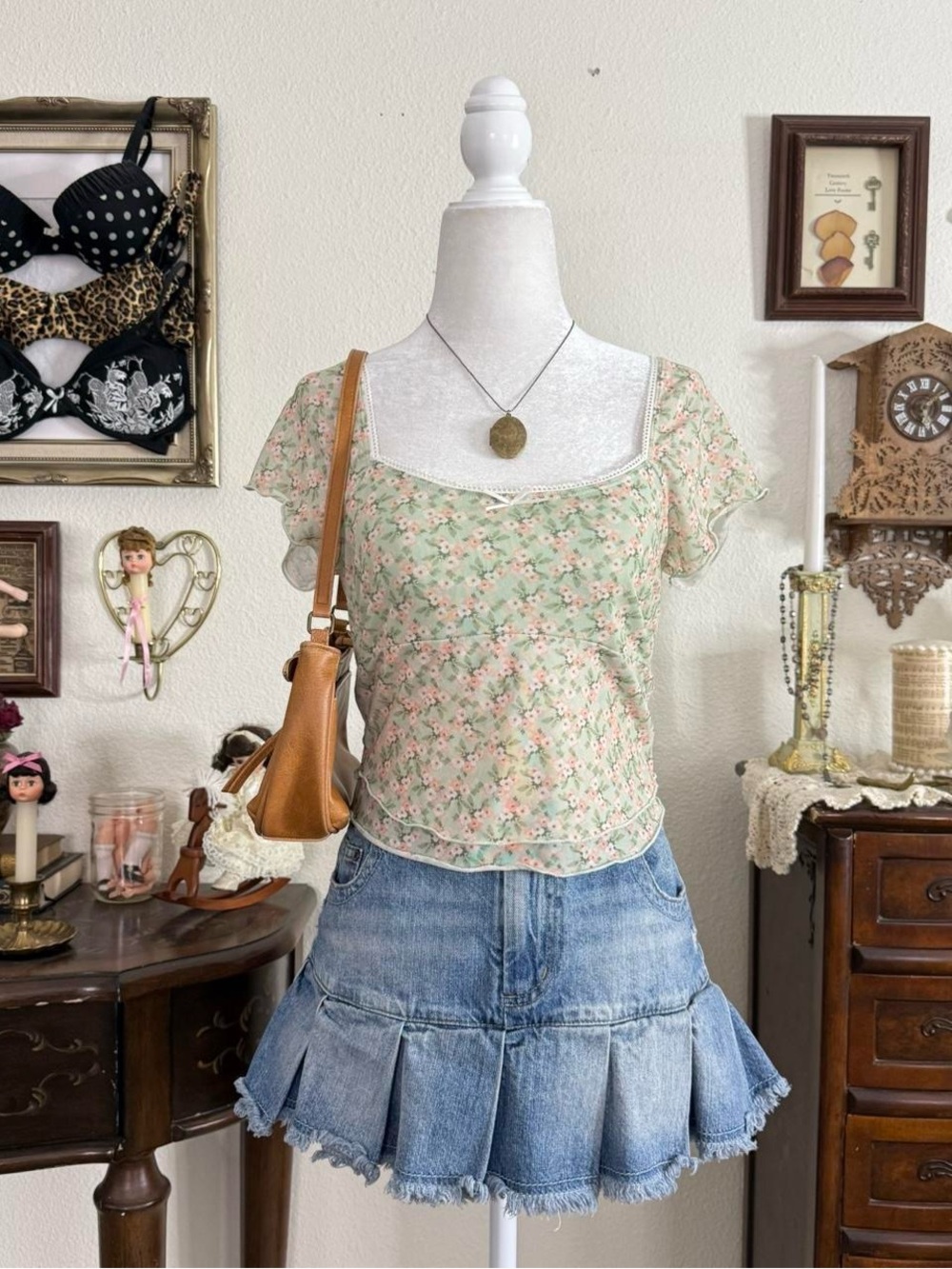 Dainty girly coquette fairy green floral mesh cropped top